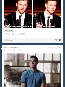 itswinrybitch:My dash did a thing.Blaine looks guilty like his secret stash of naked Kurt drawings has been found.  