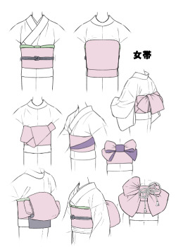 tanuki-kimono:  Kimono drawing guide 2/2, by Kaoruko Maya (tumblr, pixiv, site). Booklet is available in pdf for ¥ 900 here. Here you can see : Women belt knots examples Men belt knot examples (and how the obi sits on men body) About obi: soft obi (heko