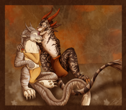 A commission I did for gold of a charr and her mate! I forgot to post this earlier, but its better late than never!