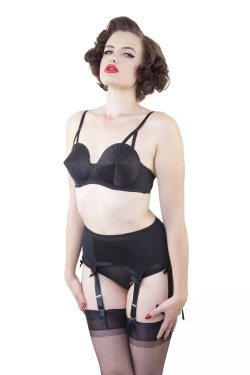 playfulpromises:  We get straight to the point with Bettie Page Lingerie!Our retro futuristic bullet bra, classic suspender belt and classic mesh briefs are a perfect vintage combo 