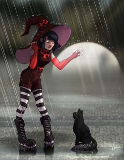 funkytoesart: Rescue from the Rain | The Witch-in-Training Marinette Dupain-Cheng meets a cat, whom she names Chat Noir, who, unknowingly to her, also happens to be a cursed human named Adrien Agreste :3 Witchy Mari AU 