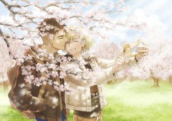 By 海苔 || Shared with permission from artistNote: This was the April artwork for the beautiful Chinese Otayuri Fanbook “十二月” (“Twelve Months”)! You can see @bunbumpbumpus‘ entry for June here.