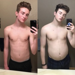 cravingtogain:  I’ve been working so hard the past year to finally transform myself. I really didn’t realize how much muscle and fat I’ve put on until I made this comparison photo. On the left I was about 140 lbs. super skinny, super weak, and I