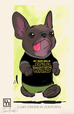 disney:  In Zootopia, you can be anydoggy. Director Byron Howard doodles Carrie Fisher’s dog, Gary Fisher.  