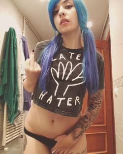 saria-suicidegirl: Later hater.  Crop top by @disturbia   @suicidegirls #suicidegirlspain #suicidegirls #sariasg #sariasuicide #sg #girlswithtattoos #disturbiaclothing #ink #bluehair  (at Barcelona City) 