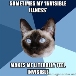chronic-illness-cat:  from the amazing mevslupus.tumblr.com[picture of a cross-eyed Siamese cat’s head against a gyronny (a triangle-sectioned background) with six shades of blue. Top line of text reads: Sometimes my ‘Invisible Illness’  || Bottom