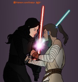 aerohawk89:  Follow up Korra x Star Wars: The Force Awakens crossover commission by drakyx from her patreon; this time with Korra as Rey and Asami as Kylo Ren This time around I thought Kylo Ren and Asami shared a similar struggle between good an evil,
