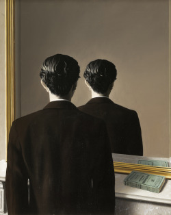 loverscarvings:  pixography:  Rene Magritte ~ “Not to be Reproduced”, 1937  The image of the man standing in front of a mirror, who - surprisingly - sees nothing but his own backside, was one of Rene Magritte’s strangest creations. This unnatural