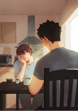 hawberries:  ooh happy iwaoi day 1/april! here are my pieces from the mise en place zine from last year :D shared meals, shared lives![image 1: a painting of oikawa and iwaizumi sitting down at a sunlit breakfast table. iwaizumi is seen from the back;