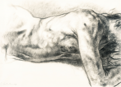 Luis Caballero (Colombian, 1943-1995), Nu - Torse allongé. Charcoal, 73.5 x 103.5 cm.