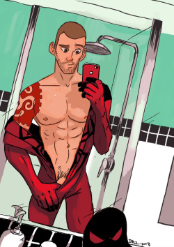 dez-art:  Kaine a.k.a. Scarlet Spider trying to take a selfie.  Commissioned artwork.  