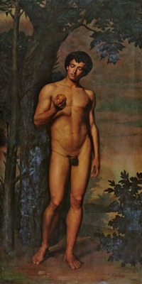 hadrian6:Adam Contemplating Eating the Forbidden Fruit. 1871. Juan Antonio Vera y Calvo. Spanish 1825-1905. oil/canvas. Museo Del Prado.     http://hadrian6.tumblr.com
