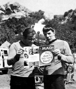 Researching a new storyline, perhaps? (William Shatner and Leonard Nimoy reading Mad Magazine on the set of Star Trek: The Original Series, 1968)
