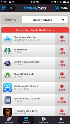 So for all my followers who have smartphones there’s this app called Feature Points that gives you points by downloading apps and testing them and then you can redeem the points for: itunes gift cards, amazon gift cards, paid apps, and a lot more!