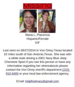 alunaes:  alunaes:  borrachitabeba:  HEY! Can everyone please take like 2 seconds to reblog this, my tia has besn missing for about a month and everyone is very worried about her. Spreading this in any way would be very helpful, especially if youre in