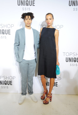 topshop:  Sean Frank and Phoebe Collings-James in our printed platform heels arrive at the Topshop Unique SS15 show.