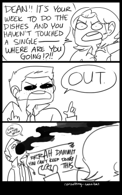 consulting-cannibal:  i was talking to bethany last night and discussed dean avoiding his responsibilities by taking advantage of his new abilities i hope you are all ready for an entire summer of stupid demondean comics 