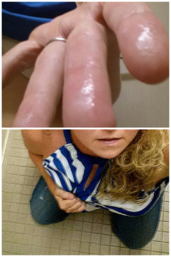 My sub on her knees in a public restroom showing me how wet she is waiting for me to continue her training. She was rewarded for this&hellip;I love when she shows off like this to me .