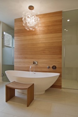 robert-dcosta:  Leavitt Residence Master bath with a free standing tub, wall mounted faucet and controls. Cedar planked wall divider with glass doors each side to access the shower and toilet room.  By Besch Design Ltd.  || Robert D’Costa ||