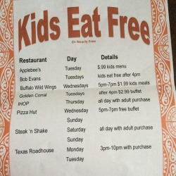 its-a-different-world:  nudiemuse:  briswayze:  herdreadsrock:  Reblog. This could really help someone out.  Reblogging because I remember the days I had to do this so my baby girl could eat  Feed the babies  #FeedtheBabies   Chili&rsquo;s does kids free