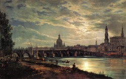  catonhottinroof: Alternative color themes for Dahl’s &lsquo;View of Dresden by Moonlight&rsquo; (1839)   exhibited in New Masters Gallery, Dresden and early version of the painting (1838) stored in The National Museum of Art, Architecture and