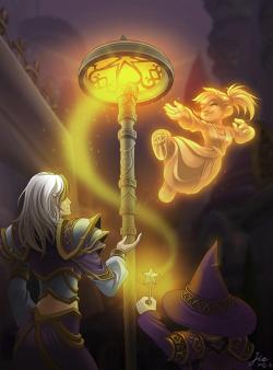 lynmars79:  In Memory of Kinndy by Chen JieFrom the novel Jaina Proudmoore: Tides of War. Windle Sparkshine lights the streetlights in Dalaran, and he had a daughter. Kinndy was Jaina Proudmoore’s apprentice (and eyes for the Kirin Tor), until she died