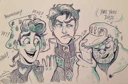 hetteh-spegetteh:  Jotaro puttin’ up with these two goons for the sake of them getting along…even if it’s at his expense. Such a good nephew/grandson! ;D