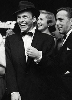 gregorypecks:  Frank Sinatra, Lauren Bacall and Humphrey Bogart at the premiere of The Desperate Hours, 1955. 