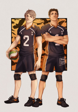 jbadgr:  Haikyuu!! Series: #5 Suga and Daichi Artist: JBadgr___________________________The next grouping in my HQ series: Momma and Poppa Kurasuno! I fell in love with Daichi even more after Ch. 149— that widdle muffin~~Tanaka and his big sis next?