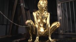 worldofeldor: caucasianplantation:  Another white resistance leader, known as the “golden girl” was captured and paraded before the cameras in her new state. She was covered in a permanent but breathable gold body paint, led about on a leash and forced