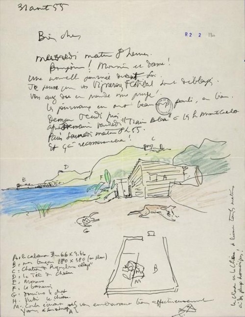 jeroenapers:  Brief van Le Corbusier aan zijn moeder met een schets van Villa Le Lac, De brief is gedateerd op 31 augustus 1955.