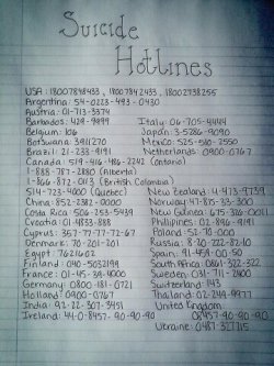 live-now-dreamforever:  Just reblog. You never know who’s life you might save. Just to clear this up, this is not my picture. I realize there are a lot of countries missing, and I’m adding them below: Australia: 1800-55-1800 ; 13 - 11 - 14  Ghana: