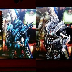 My completed Azure Rathalos &amp; Stygian Zinogre armor sets. Took awhile to finish, but well worth the grind!  #monsterhunter4ultimate #capcom #nintendo3ds #rathalos #zinogre
