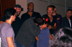 wayward-angel:  yeah Misha kissed Rob last night at the cocktail party.  this picture was taken as they were breaking the kiss because my camera was being a douchewaffle so dont give me any shit about how their lips dont look like they’re touching