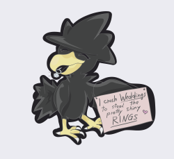 captaintoadettes:  &ldquo;I crash Weddings to steal the pretty shiny rings ♥” Murkrow just can’t help it, he LOVES shiny objects!  