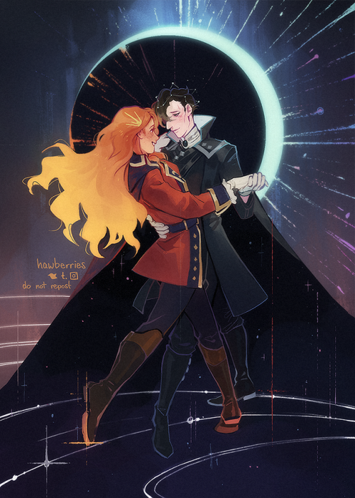 hawberries:  the sun and moon’s waltz [image is a drawing of ferdinand and hubert dancing in a ballroom-like style, beaming at each other, in a fantasy-galactic setting. ferdinand’s hair streams behind him like a cloud of fire; hubert wears a crown