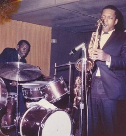 doomandgloomfromthetomb:  John Coltrane Quartet - The Half Note, New York City, March 3, 1965 Late-period classic quartet gig via Infinite Fool. Late-period means that it’s dominated (even more than usual) by these two dudes. This photo is mindbending