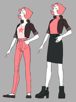 amaet:  bad pearl in few outfits. it’s like she’s getting progressively more dignified and badass over time. i actually started these to design an outfit that she’s gonna wear on my next drawing. i think i’m going to use the very last one, or