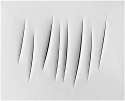 sushiboner:  minimoli:  Lucio Fontana Concetto spaziale, Attese signed, titled and inscribed ‘l. Fontana “Concetto Spaziale” ATTESE 1 + 1-HH 34’ (on the reverse)waterpaint on canvas 31½ x 39 3/8in. (80 x 100.2cm.) Executed in 1963-64  &lsquo;I