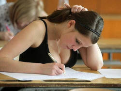 downblousebabes5:  Busty student writing test …