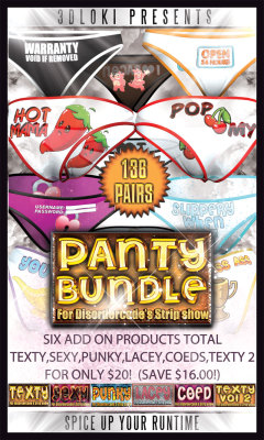 Loki&rsquo;s Panty Bundle for Strip Show V4/V6Loki Presents: Panty Bundle V4/V6 for disordercode&rsquo;s Strip show for V4 &amp; Strip show for V6 Looking to spice up your runtime? Need to bring some life to V4 or V6&rsquo;s bland unmentionables? Then