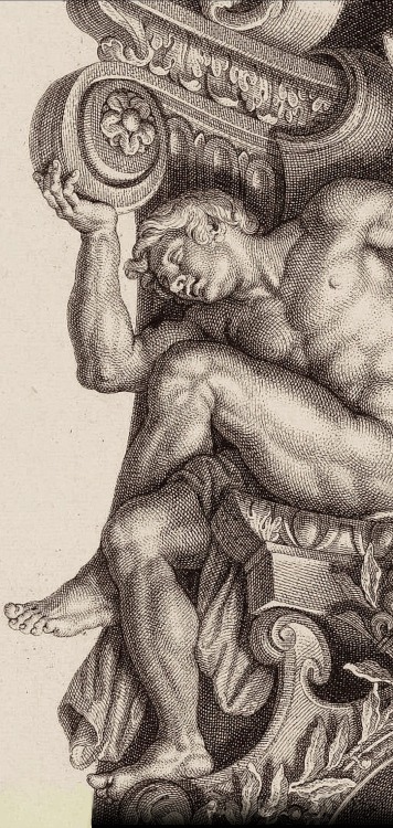 hadrian6:    Detail : From a Ceiling Painting with Two Naked Male Figures. 18th.century. Jean Baptiste de Poilly French 1707-1780. engraving.     http://hadrian6.tumblr.com    