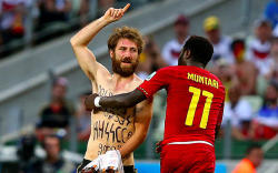 thisiseverydayracism:   Neo-Nazi invades pitch during Ghana-Germany game By Graham Watson, June 21, 2014 7:50 PM, Yahoo! Sports [x] RIO DE JANEIRO — FIFA’s plea to eliminate racism at this year’s World Cup continues to fall on deaf ears. Despite