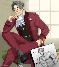glflayart:  After a thousand years, I finally coloured it. Miles Edgeworth being sketched by Phoenix during a break in court. He just…. doesn’t realise Phoenix sees beyond the clothing. 