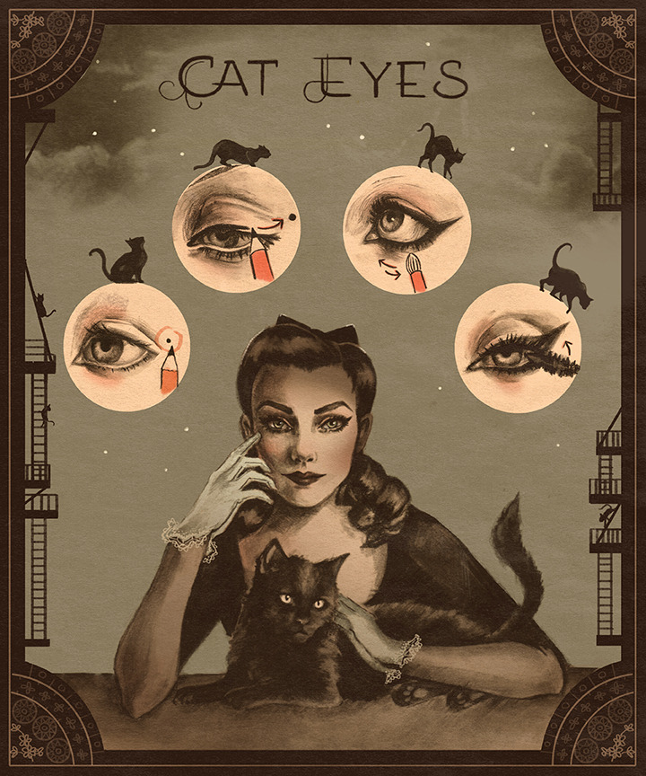 sarah anderson, artwork, cat eye, makeup, glamour, vintage