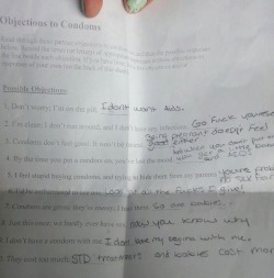 deeperthanswampmud:  lickystickypickyshe:  A 14-year-old girl was suspended for snarky answers to a sex ed class quiz.  “I don’t have my vagina with me” is now my go-to.