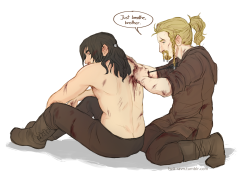 hvit-ravn-deactivated20181206:  irishwoman asked you: Could you possibly draw a fili and kili who actually survived the battle of five armies but kili’s wounded with an arrow in his back, so he takes his shirt off and fili has to pull the arrow out