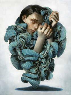 artchipel:  Tran Nguyen - Enveloped Between a Pleated Thought / Catching Fragments of an Achromatic Anecdote. Acrylic &amp; color pencil (2012) [Art Writer’s Wednesday with Abbie Cohen]