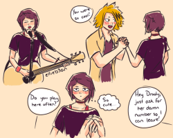 ellieb3anart:  Doodles for a KamiJirou AU I now want to find the time to write. Jirou is a songwriter who is really shy about performing her work. She goes to her first open mic night at a bar the same night Kaminari and his roommates are there to see