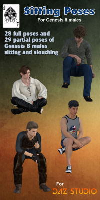 A  collection of full and partial poses of males sitting and slouching on  chairs, steps, the ground, and even perching on a fence or sitting on  the lavatory! Get your Genesis 8 males posed today in Daz Studio 4.9 and up! Check the link for more! Sitting